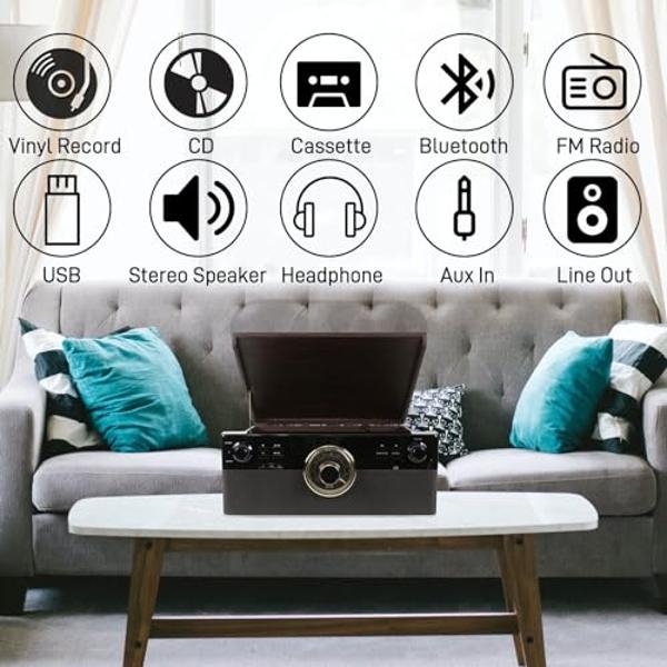 10 in 1 Bluetooth Record Player for Vinyl with Speakers, CD, Cassette Tape, FM Radio, USB Playback and Recording, Vintage Turntable with 3-Speed, Aux-in, Line-Out, Earphone Jack