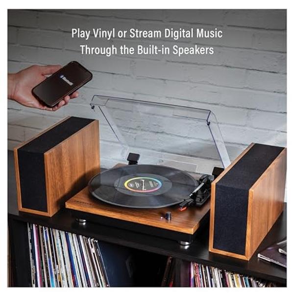 Crosley CR7502A-WA Riff 3-Speed Bluetooth Vinyl Record Player Turntable with Matching Stereo Speakers and 6 Modular Layouts, Walnut
