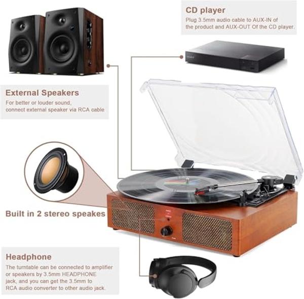 Vinyl Record Player Bluetooth Vintage 3-Speed Portable Turntables with Built-in Speakers, Belt-Driven LP Player Support USB Recording AUX-in RCA Line Out