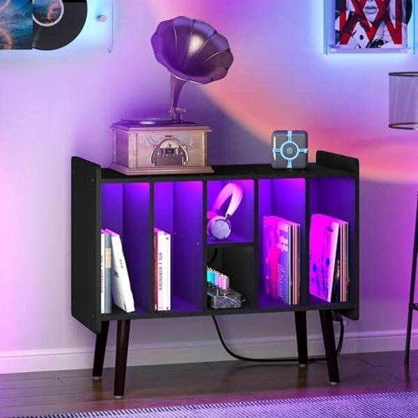 Clikuutory Large Record Player Stand, Vinyl Record Storage Cabinet with Power Outlet & LED Lights Holds Up to 200 Albums, Turntable Stand with Round Wood Legs for Bedroom , Living 