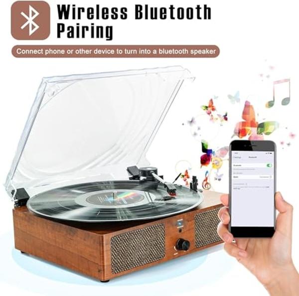 Vinyl Record Player Bluetooth Vintage 3-Speed Portable Turntables with Built-in Speakers, Belt-Driven LP Player Support USB Recording AUX-in RCA Line Out