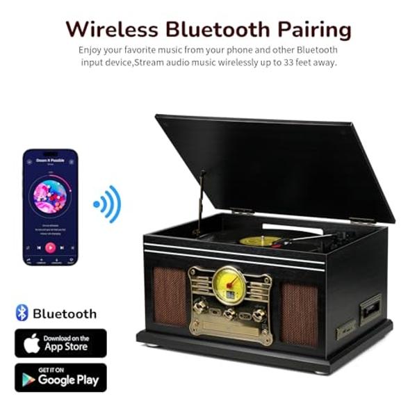 FEKTIK Bluetooth Record Player 10 in 1,FEKTIK 3-Speed Turntable for Vinyl with Speakers, LP to MP3 Converter, CD, Cassette Player, FM Radio, Wireless Streaming | Black