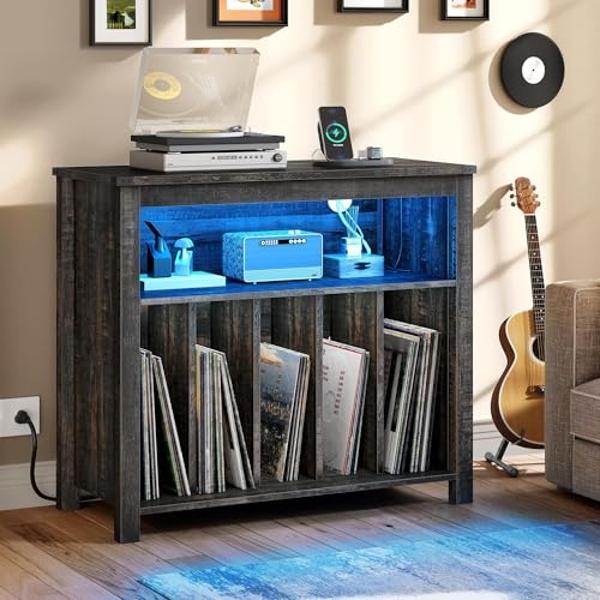 Clikuutory Large Record Player Stand, Vinyl Record Storage Cabinet with Power Outlet & LED Lights Holds Up to 200 Albums, Turntable Stand with Round Wood Legs for Bedroom , Living 