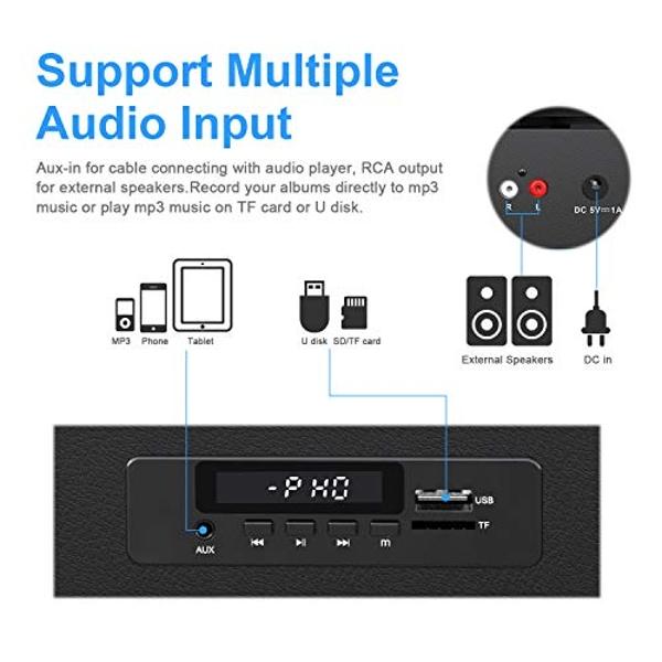 Record Player Bluetooth Turntable with Built-in Speaker, USB Recording Audio Music Vintage Portable Turntable for Vinyl Records 3 Speed, LP Phonograph Record Player, Black