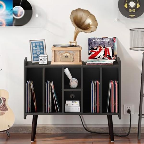 Clikuutory Large Record Player Stand, Vinyl Record Storage Cabinet with Power Outlet & LED Lights Holds Up to 200 Albums, Turntable Stand with Round Wood Legs for Bedroom , Living 