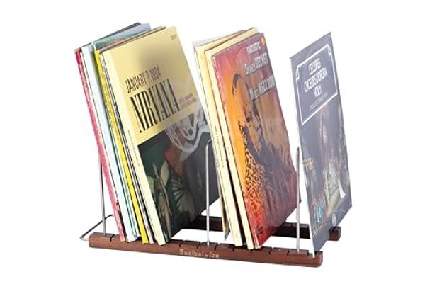 Decibelvibe Vinyl Record Storage and Record Player Stand, Now Playing Display with Stainless Steel and Solid Walnut Wood Premium Design, Up to 75 Vinyl records