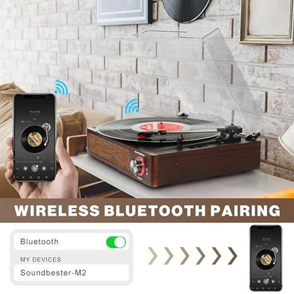 Vinyl Record Player Turntable with Built-in Bluetooth Receiver Wireless Playback, Headphone & Home Decoration, Speakers Belt-Driven, Turntable (Brown)