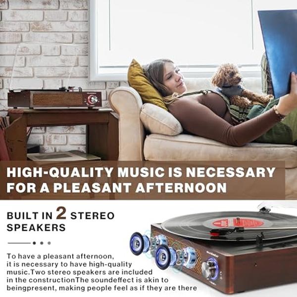 Vinyl Record Player Turntable with Built-in Bluetooth Receiver Wireless Playback, Headphone & Home Decoration, Speakers Belt-Driven, Turntable (Brown)