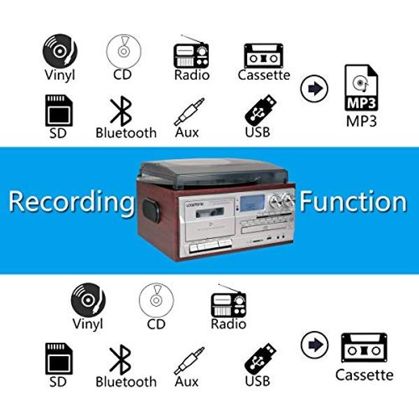 LoopTone Vinyl Record Player 9 in 1 3 Speed Bluetooth Vintage Turntable CD Cassette Player AM/FM Radio USB Recorder Aux-in RCA Line-Out (Silver)