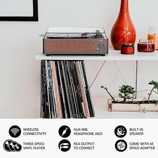 WOCKODER Vinyl Record Players Turntable with Built-in Two Speakers Belt-Driven All-in-one Retro Turn tables 3 Speed 3 Size LP Phonograph BT Wireless Bluetooth Receiver Headphone AU