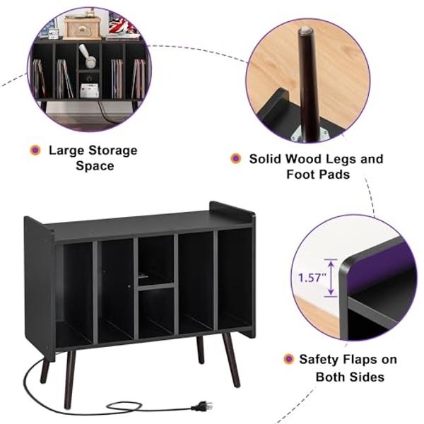 Clikuutory Large Record Player Stand, Vinyl Record Storage Cabinet with Power Outlet & LED Lights Holds Up to 200 Albums, Turntable Stand with Round Wood Legs for Bedroom , Living 