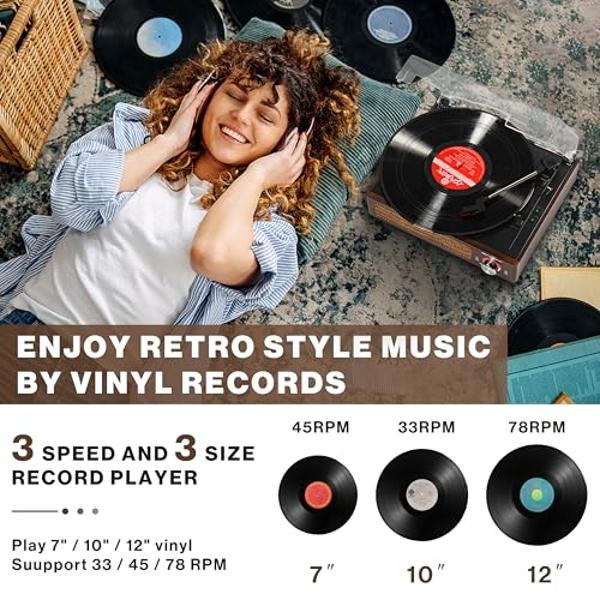 Vinyl Record Player Turntable with Built-in Bluetooth Receiver Wireless Playback, Headphone & Home Decoration, Speakers Belt-Driven, Turntable (Brown)