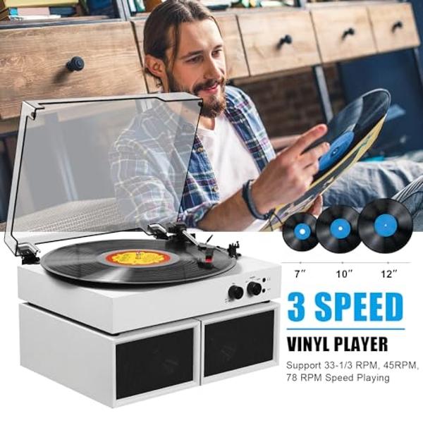 Record Player for Vinyl with External Speakers, Bluetooth 3 Speed Vintage Belt-Driven 33 45 78 RPM Turntable with Stereo Speakers, MP3 PC Recording, RCA Line-Out, AUX-in Headphone 