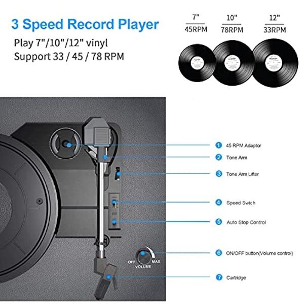 Record Player Bluetooth Turntable with Built-in Speaker, USB Recording Audio Music Vintage Portable Turntable for Vinyl Records 3 Speed, LP Phonograph Record Player, Black