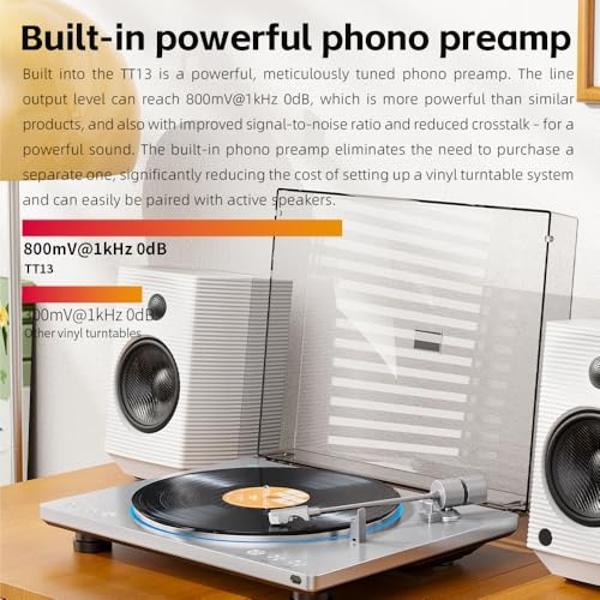 FiiO TT13 Fully Automatic Vinyl Stereo Turntable(Analog), Powerful Phono preamp, Dust Cover, Die-cast Aluminum Platter (TT13 Silver Bluetooth)