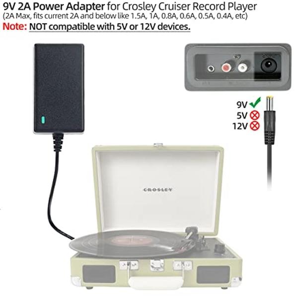 ANTOBLE Adapter Power Cord for Crosley Cruiser Portable Turntable Record Player CR8005A CR8005A-BK CR8005A-TU CR8005C CR89 CR221 Replaces RHD35-0900400 Class 2 AC Charger 9V DC Pow