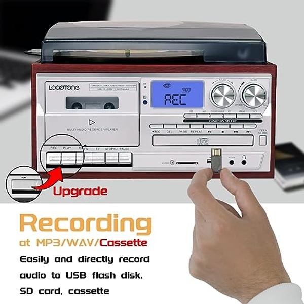LoopTone Vinyl Record Player 9 in 1 3 Speed Bluetooth Vintage Turntable CD Cassette Player AM/FM Radio USB Recorder Aux-in RCA Line-Out (Silver)