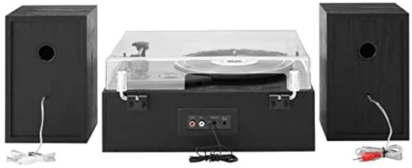 Crosley CR7022A-BK Sloane 3-Speed Bluetooth Turntable and FM Radio Shelf System with Matching Stereo Speakers, Black