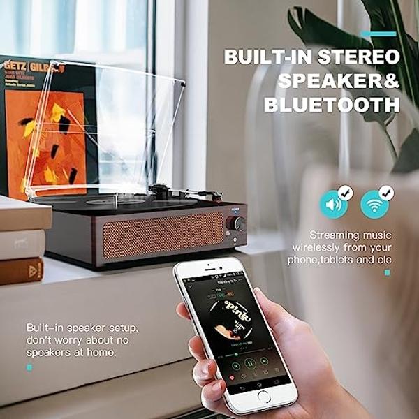 WOCKODER Vinyl Record Players Turntable with Built-in Two Speakers Belt-Driven All-in-one Retro Turn tables 3 Speed 3 Size LP Phonograph BT Wireless Bluetooth Receiver Headphone AU