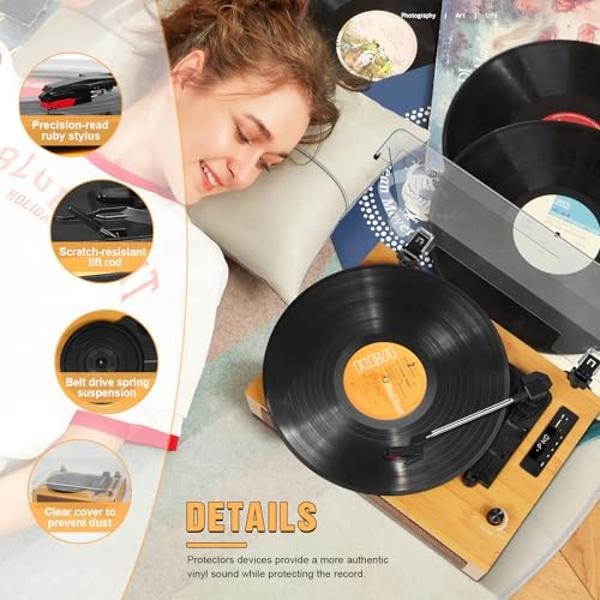 Vinyl Record Player Vintage Bluetooth Turntable for Vinyl with Built-in Speakers, 3 Speeds Belt-Driven Portable Retro Record Player for Entertainment and Home Decoration, Yellow