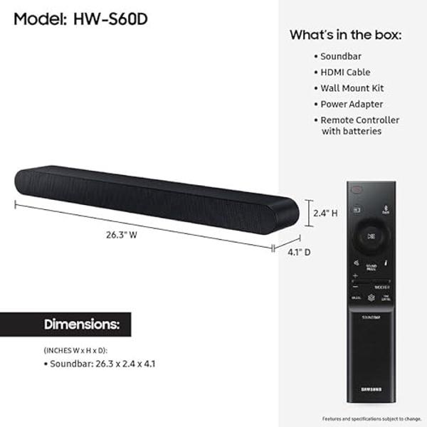 SAMSUNG S60D 5.0ch Soundbar w/Wireless Dolby Atmos Audio, All-in-One Design, Q-Symphony, SpaceFit Sound Pro, Adaptive Sound, Game Mode Pro with Alexa Built-in, HW-S60D/ZA