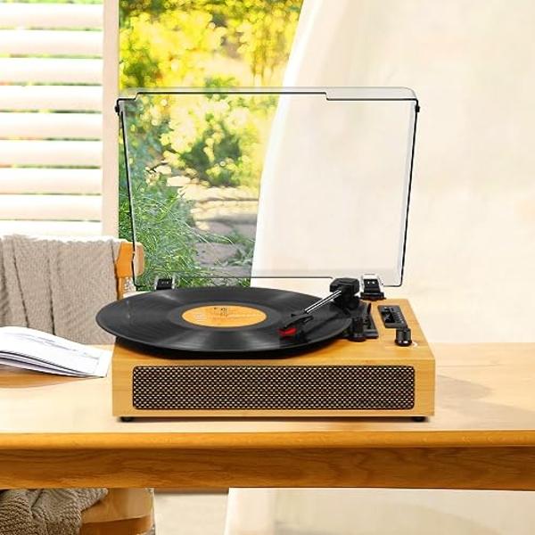 Vinyl Record Player Vintage Bluetooth Turntable for Vinyl with Built-in Speakers, 3 Speeds Belt-Driven Portable Retro Record Player for Entertainment and Home Decoration, Yellow