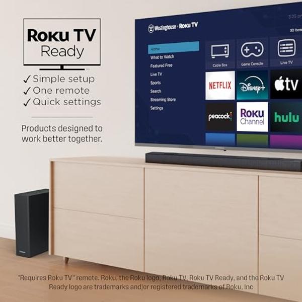 Westinghouse 5.1.2 Channel Soundbar for Smart TV, 200W Surround Sound w/Dolby Atmos & Dolby Digital Plus, Wireless Subwoofer, Height Speakers, Home Theater Audio, Bluetooth, Roku T