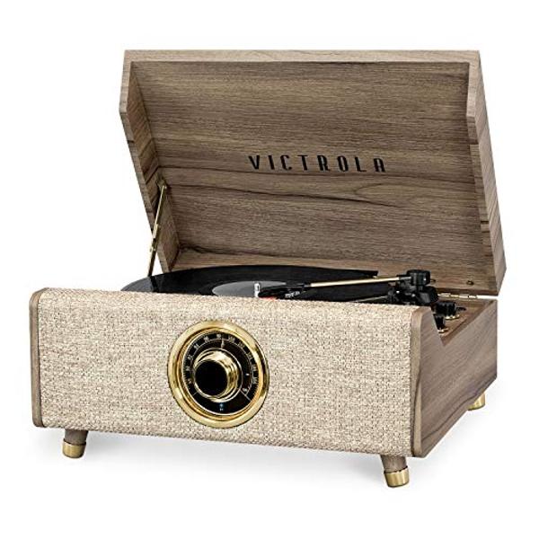 Victrola Highland 4-in-1 Bluetooth Record Player (Farmhouse Walnut), 3-Speed Record Player with Speakers, FM Radio & 3.5mm Aux, Wireless Music Streaming