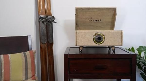 Victrola Highland 4-in-1 Bluetooth Record Player (Farmhouse Walnut), 3-Speed Record Player with Speakers, FM Radio & 3.5mm Aux, Wireless Music Streaming