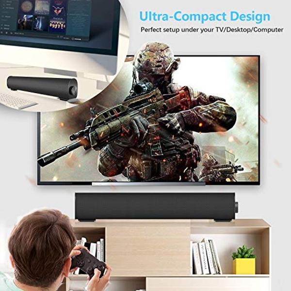 Portable Soundbar for TV/PC, Outdoor/Indoor Wired & Wireless Bluetooth 5.0 Speaker with Remote Control and Coax Cable, 2X5W Mini Home Theater Sound bar with Built-in Subwoofers for