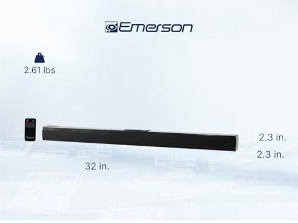 Emerson EHS-2000 32-Inch Bluetooth Soundbar, 2.0 Channel Home Theater Speaker System with Remote Control, USB/AUX Inputs, FM Radio, Compact, Wall Mountable Design