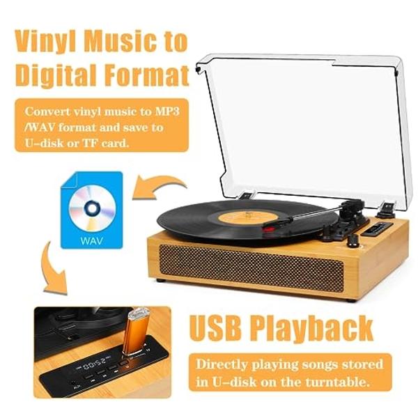 Vinyl Record Player Vintage Bluetooth Turntable for Vinyl with Built-in Speakers, 3 Speeds Belt-Driven Portable Retro Record Player for Entertainment and Home Decoration, Yellow