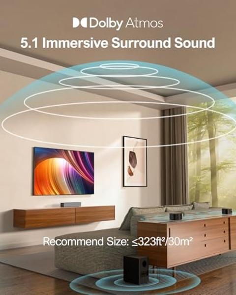 ULTIMEA 5.1 Sound Bar with Dolby Atmos, Wireless Subwoofer, 410W Peak Power Surround Sound System for TV, Sound Bar for Smart TV, Bass Boost and Surround Adjustable, Poseidon D60, 