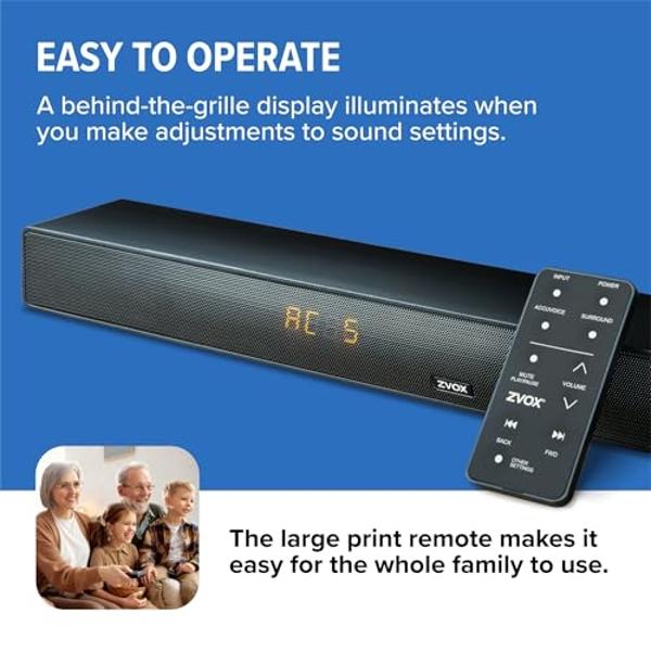 ZVOX AccuVoice AV455 Dialogue Clarifying Sound Bar with Hearing Aid Technology and HDMI-ARC Compatible Connectivity - Home Theater Audio TV Speakers Soundbar - Black