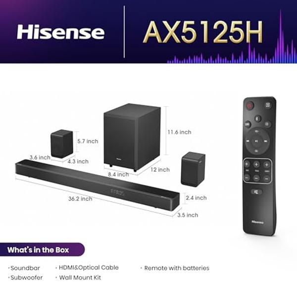 Hisense AX5125H 5.1.2Ch Sound Bar with Wireless Subwoofer, 500W, Dolby Atmos, Bluetooth 5.3, EzPlay, 4K HDMI Pass Through, Roku TV Ready, DTS:X, HDMI/AUX/ARC/Optical/USB, 7 EQ Mode