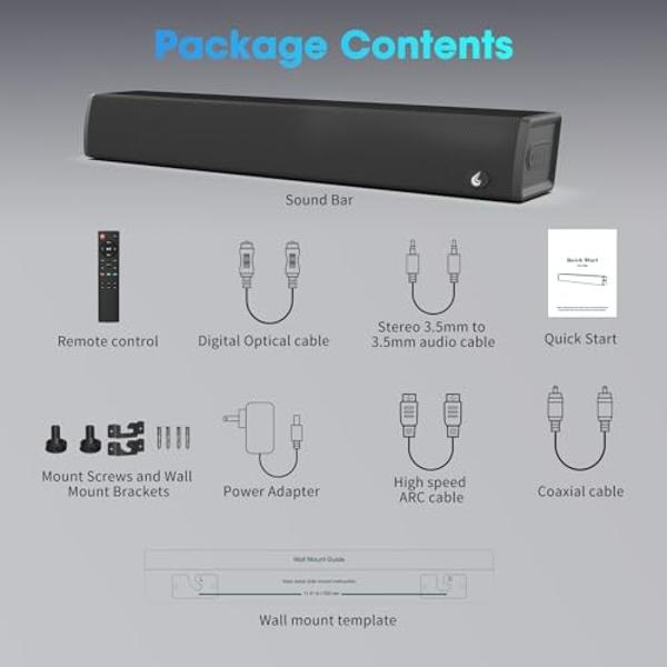 Sound Bars for TV, Bluetooth Soundbar for TV, 24 Inches Small TV Sound Bar, Surround Sound System TV Speakers Soundbar with ARC/Optical/USB/AUX Connection
