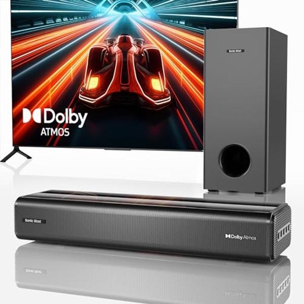 Sonic Blast Sound Bar with subwoofer for Smart TV Dolby Atmos 2.1CH Wireless Bluetooth 3D Surround Sound Soundbar Deep Bass Adjustable Home Theater Surround System TV Speaker Works
