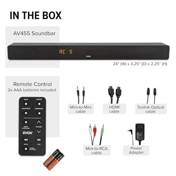ZVOX AccuVoice AV455 Dialogue Clarifying Sound Bar with Hearing Aid Technology and HDMI-ARC Compatible Connectivity - Home Theater Audio TV Speakers Soundbar - Black