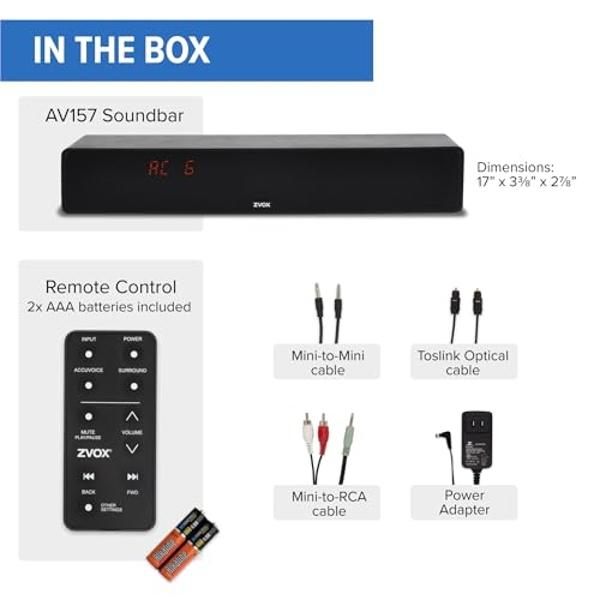 ZVOX Dialogue Clarifying Sound Bar With Patented Hearing Technology - AccuVoice TV Soundbar AV157 Titanium - Twelve Levels of Voice Boost - Home Theater Audio Speakers