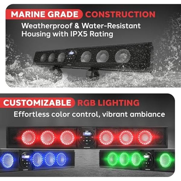 Pyle 36" Marine Sound Bar Speaker System for ATV/UTV with Bluetooth, 270W Peak Power, Built-in Amplifier, 6x4 Woofers, 2x1 Treble, Remote Control, USB/AUX Input, Handlebar Mount, I
