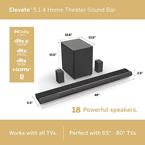 VIZIO Elevate Sound Bar for TV, Home Theater Surround Sound System for TV with Subwoofer and Bluetooth, P514a-H6 5.1.4