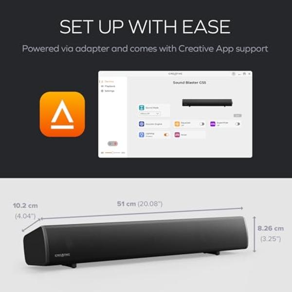Sound Blaster GS5 RGB Gaming Soundbar with SuperWide Technology, Powered via Adapter, Up to 60W Peak Power, Bluetooth 5.4, Optical-in, Headphone-Out Port, for PC and TV