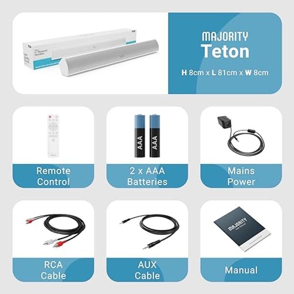 Majority Teton Sound Bar for TV | 120W Powerful Stereo 2.1 Channel Sound | Home Theatre 3D Soundbar with Built-in Subwoofer | HDMI ARC, Bluetooth, Optical, RCA, USB & AUX Playback 