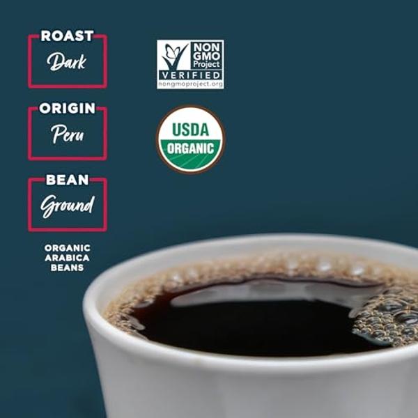 Laird Superfood Peruvian Dark Roast Coffee with Functional Mushrooms, Certified Organic Peruvian Ground Coffee Beans, Gluten-Free, Dairy-Free, Non-GMO, Paleo, Keto Friendly, 12 oz.