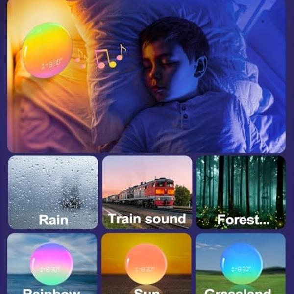 Sunrise Alarm Clock Sound Machine, Smart Wake-up Light, Wake Up Light with Sunrise/Sunset Simulation, Ambient Light & Sleep Assistant White Noise Sound Machine Baby Night Light, To