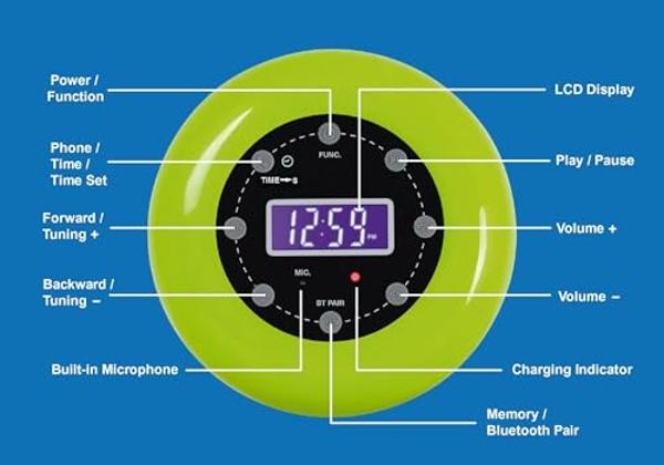 HANNLOMAX HX-159CR Shower Clock Radio, PLL FM Radio, Bluetooth with Hand-Free Function, LCD Display, Waterproof (IPX4), Built-in Li-ion Rechargeable Battery, Unique Suction Cup Des