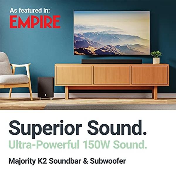 Majority K2 Sound Bar with Subwoofer | 150W Powerful Stereo 2.1 Channel Sound Bar for TV | Home Theatre 3D Surround Sound I HDMI ARC, Bluetooth, Optical & RCA Connection I USB & AU