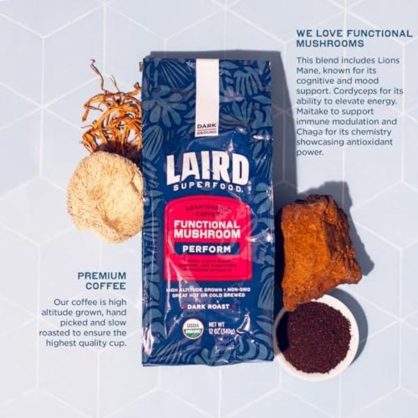 Laird Superfood Peruvian Dark Roast Coffee with Functional Mushrooms, Certified Organic Peruvian Ground Coffee Beans, Gluten-Free, Dairy-Free, Non-GMO, Paleo, Keto Friendly, 12 oz.