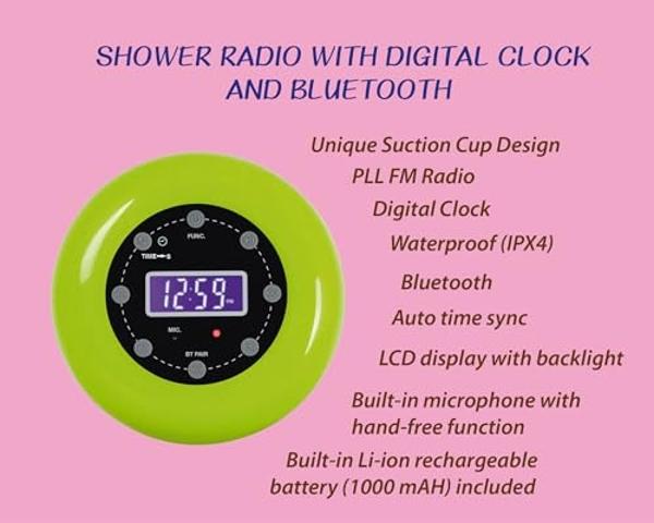 HANNLOMAX HX-159CR Shower Clock Radio, PLL FM Radio, Bluetooth with Hand-Free Function, LCD Display, Waterproof (IPX4), Built-in Li-ion Rechargeable Battery, Unique Suction Cup Des