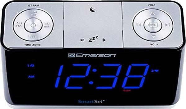 Emerson Radio SMARTSET PLL Radio Alarm Clock with 1.4” Blue LED, Bluetooth Speaker and Night Light + ER-WC100 Emerson Radio 10W Fast Wireless Charger (Black)
